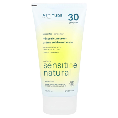 ATTITUDE, Минеральное солнцезащитное средство, натуральная овсянка, SPF 30, без запаха, 150 г (5,2 унции)