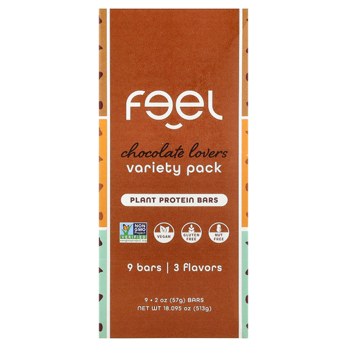 The Feel Bar, растительные протеиновые батончики, ассорти вкусов, шоколад, 9 батончиков по 57 г (2 унции)