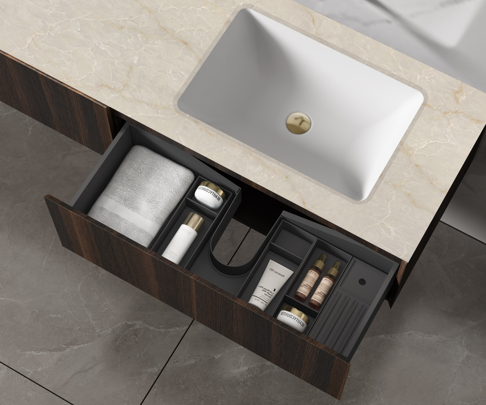 Тумба под раковину Vincea Luxe 1400 подвесная, 2 выкатных ящика soft close, натуральный орех