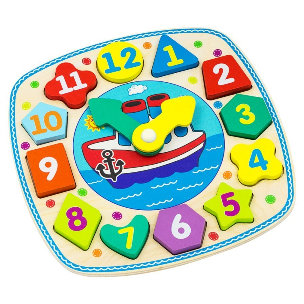 Часики "Кораблик", развивающая игрушка для детей, обучающая игра из дерева