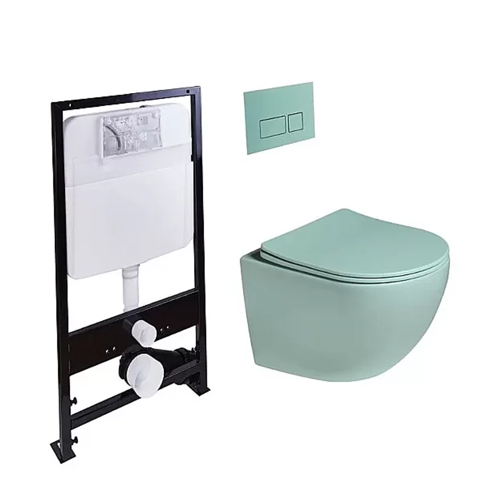 Унитаз подвесной с инсталляцией SantiLine SL-5005T-LG+SL-01/LG светло-зеленый матовый/кнопка светло-зеленая матовая, безободковый, с крышкой микролифт, слив торнадо