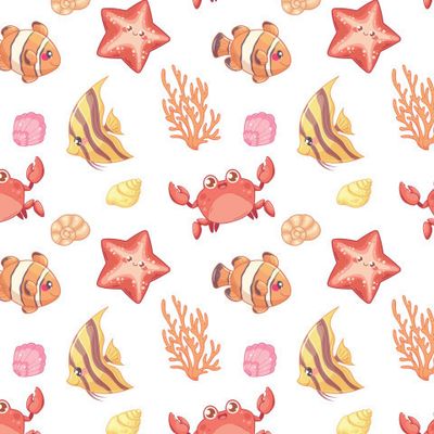 Летний детский паттерн с морскими животными, кораллами и ракушками