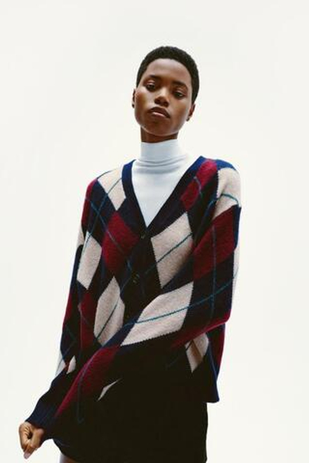 ZARA КАРДИГАН ИЗ СМЕСОВОЙ ШЕРСТИ С УЗОРОМ «РОМБЫ», МОРСКОЙ СИНИЙ