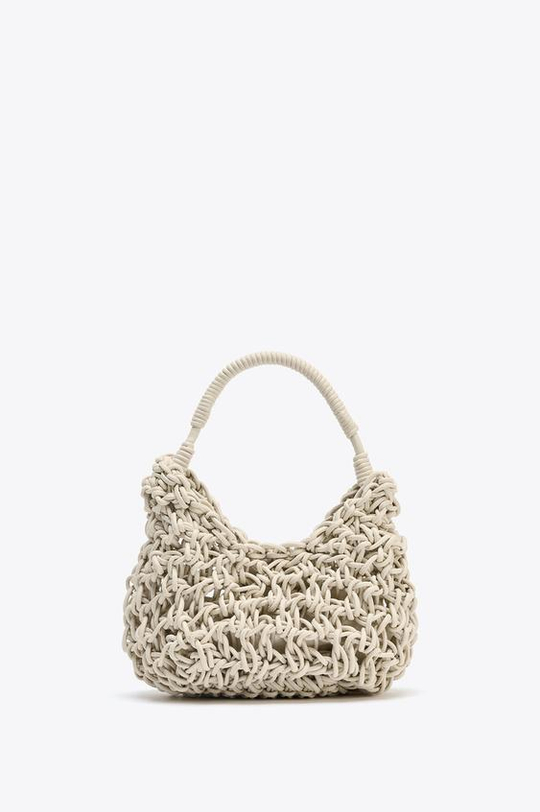 ZARA ПЛЕТЕНАЯ СУМКА С ДЕКОРАТИВНОЙ СТРОЧКОЙ, ЭКРЮ