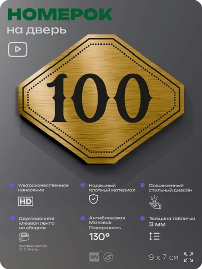 Номерок на дверь квартиры 100, для кабинета, офиса, шильдик 9 х 7 см, золотистый, Айдентика Технолоджи