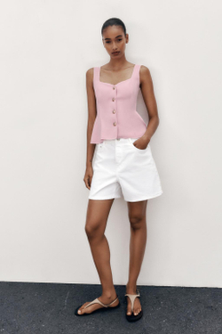 ZARA ЭЛАСТИЧНЫЙ ТОП-ЖИЛЕТ С БАСКОЙ, РОЗОВЫЙ