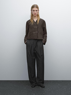 Massimo Dutti Куртка из смесового льна с кожаной застежкой, шоколадный