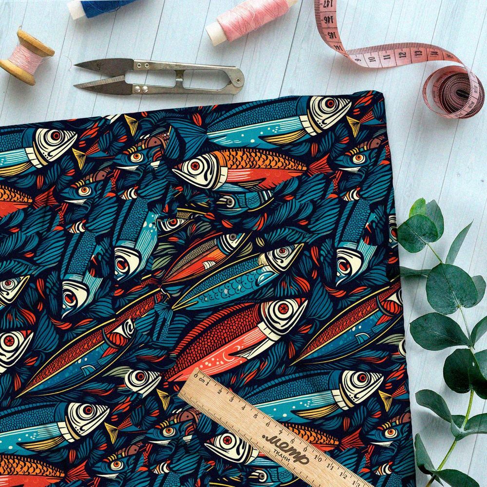 Ткань премиум бифлекс фантазийные рыбы