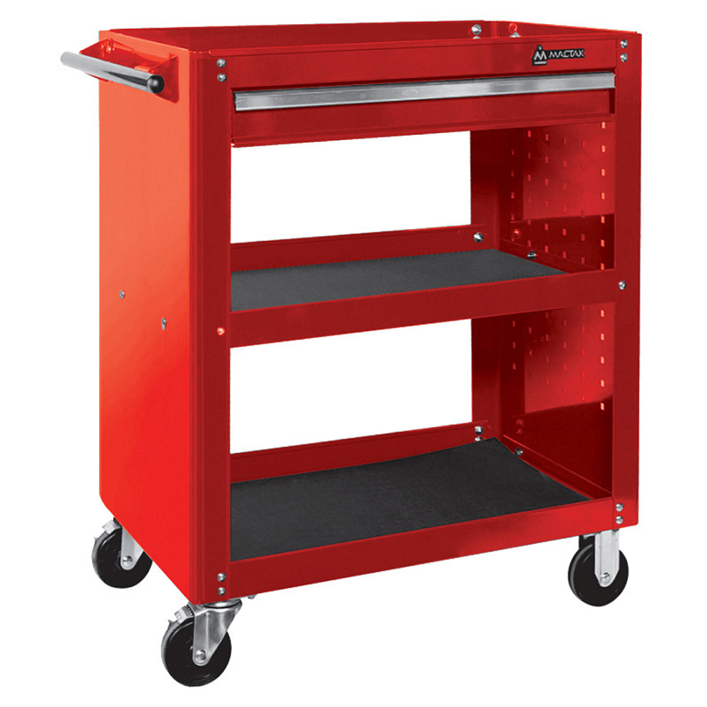 МАСТАК (520-01580MR) Тележка открытая «ОПТИМА», 3 полки и ящик, красная