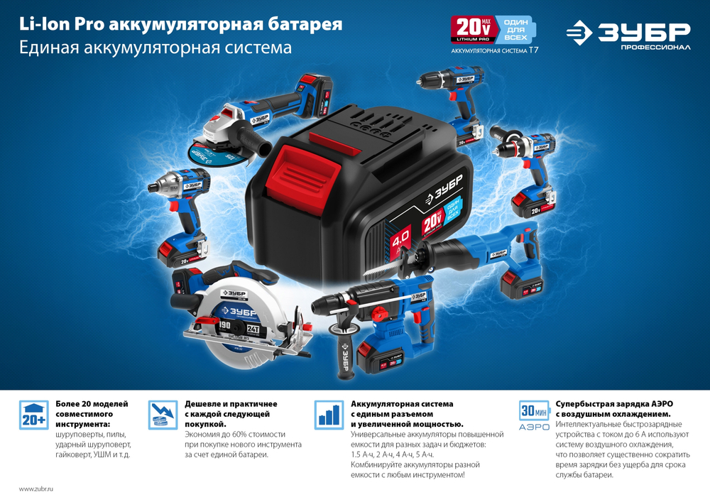 ЗУБР Т7, 20 В, 50 Н·м, 2 АКБ (4 А·ч), дрель-шуруповерт, кейс, Профессионал (DL-201-42)