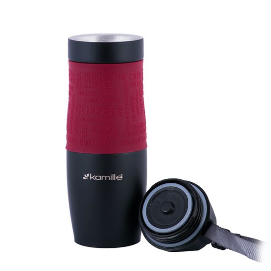 Термокружка 480 мл. из нержавеющей стали Kamille KM-2067 с TPR-вставкой и ремешком