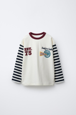 ZARA ФУТБОЛКА С РУКАВАМИ В ПОЛОСКУ, ЭКРЮ