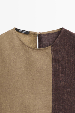 Massimo Dutti Комбинированный льняной топ, коричневый
