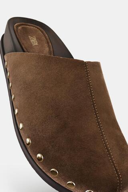 ZARA КОЖАНЫЕ САБО С ЗАКЛЕПКАМИ, КОРИЧНЕВЫЙ