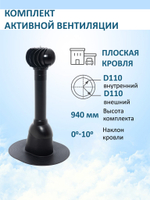 Комплект активной вентиляции: Вентиляционный выход D110 не утепленный высота H=500 мм, проходной элемент для плоской кровли ТП-187, турбодефлектор Ø 110 мм, коричневый
