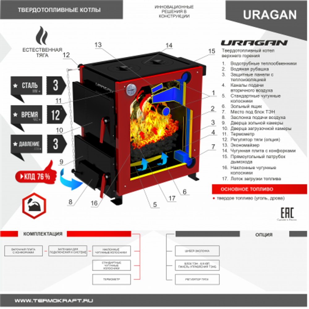 Котел твердотопливный отопительный URAGAN (Ураган) 20 кВт с варочной поверхностью