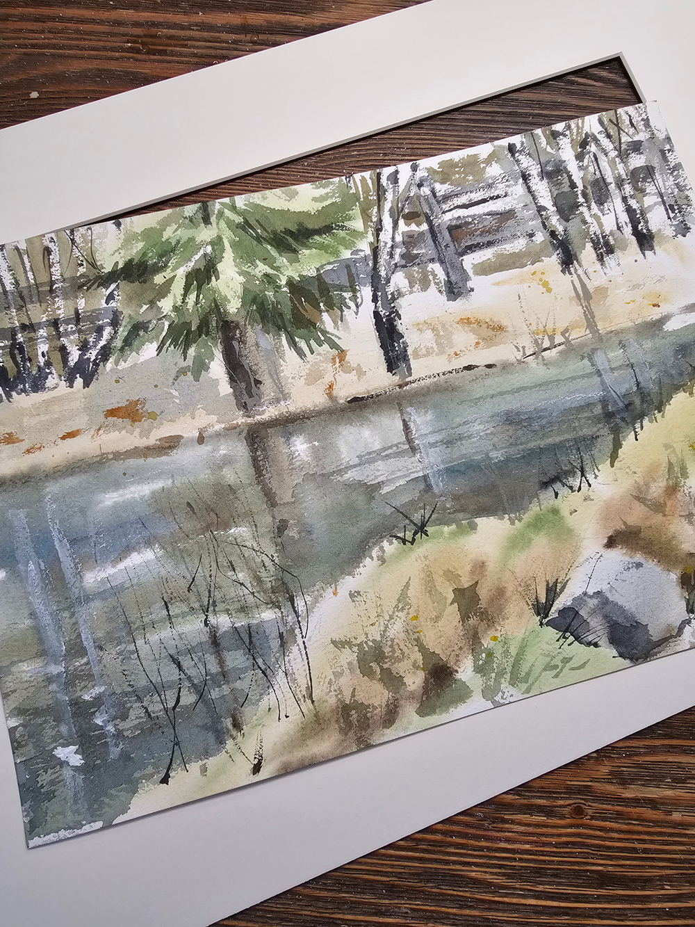 Картина авторская акварельная в паспарту 30х40 см на стену для интерьера "На берегу пруда в Тованово"