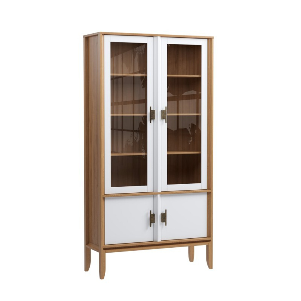 Шкаф для посуды «Бридж» широкий с 2-мя стеклянными дверями и 2-мя глухими дверями браун/белый лак