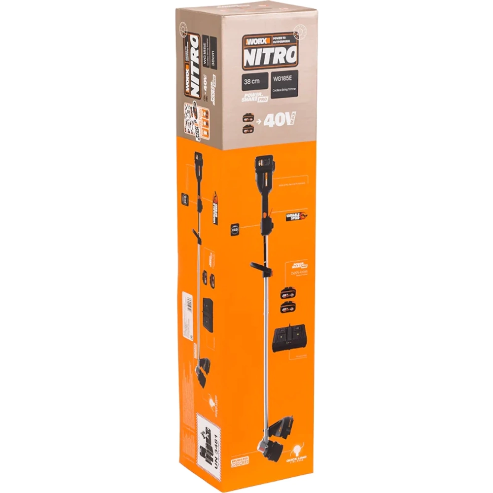 Триммер аккумуляторный WORX WG185E 40В (2 x 2 Ач, ЗУ) захват 380 мм, 2.87 кг