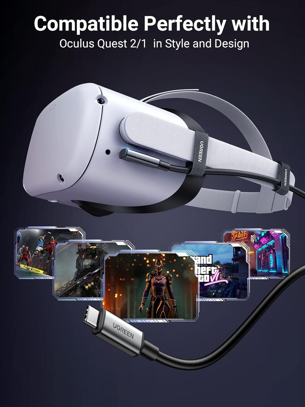 Кабель USB C - USB C, 3.2 Gen1, 90°, 5Gbps, 5m, для VR очков, UGREEN 90629