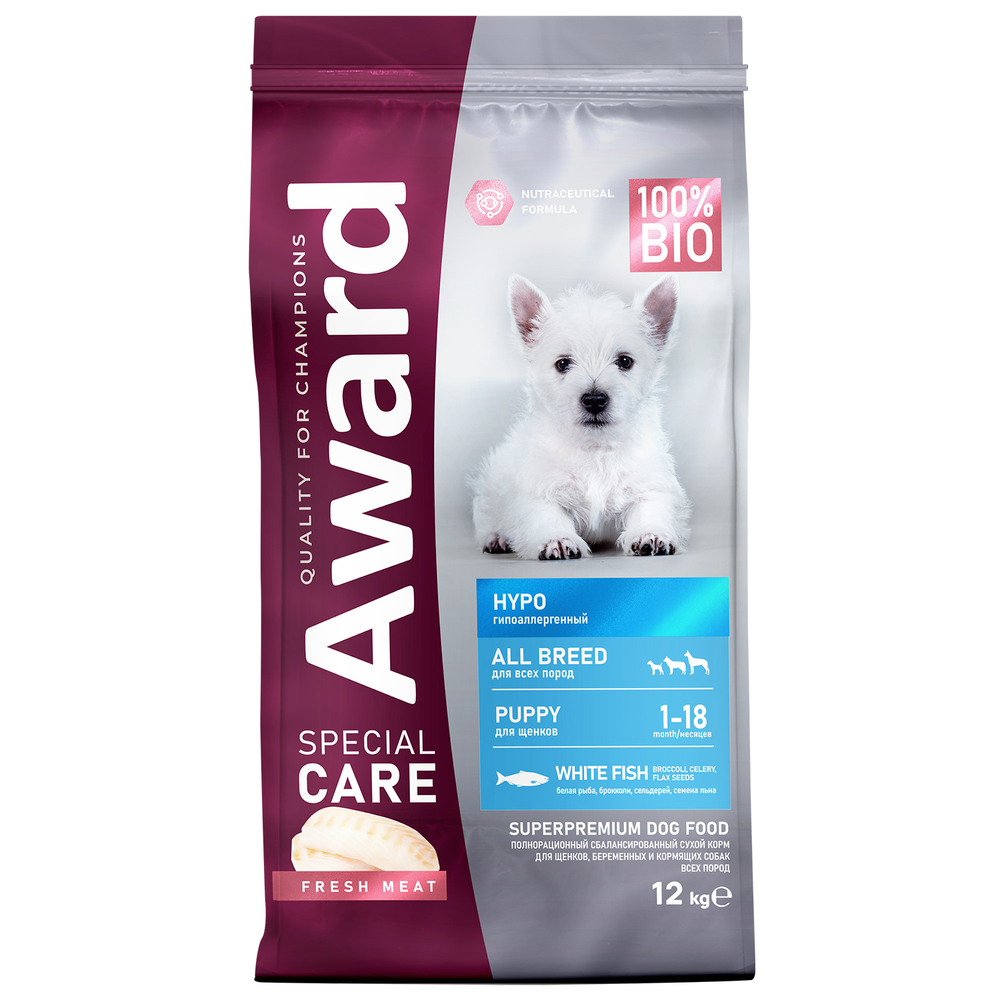 Сухой корм для щенков от 1 месяца, беременных и кормящих собак AWARD SPECIAL CARE HYPO PUPPY с белой рыбой, склонных к аллергии 12кг
