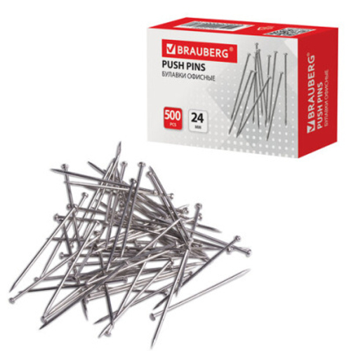 Булавки офисные BRAUBERG, 24 мм, 500 шт., в картонной коробке, 220562 И