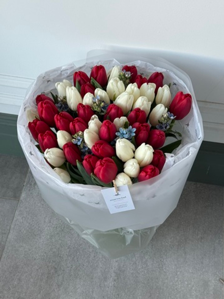 Букет из 51 белых, красных тюльпанов и незабудок - L
