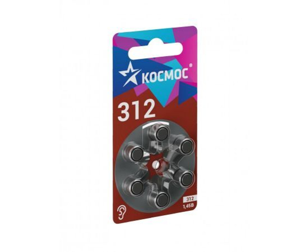 Батарейка воздушно-цинковая для слуховых аппаратов ZA312, 1.45В, Космос KOCZA-312BL6 - блистер 6шт.