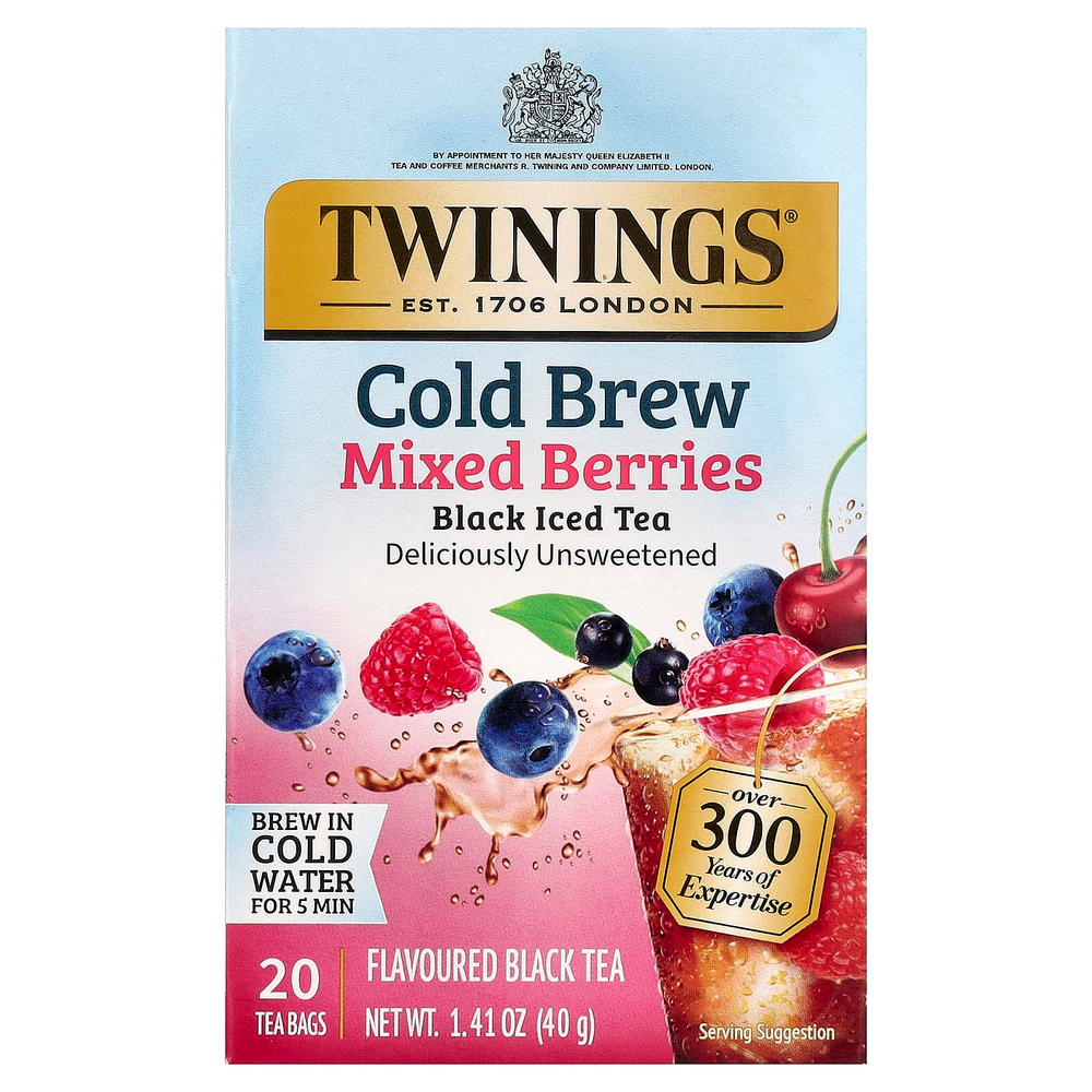 Twinings, холодный холодный чай, черный чай, смесь ягод, без подсластителей, 20 чайных пакетиков, 40 г (1,41 унции)
