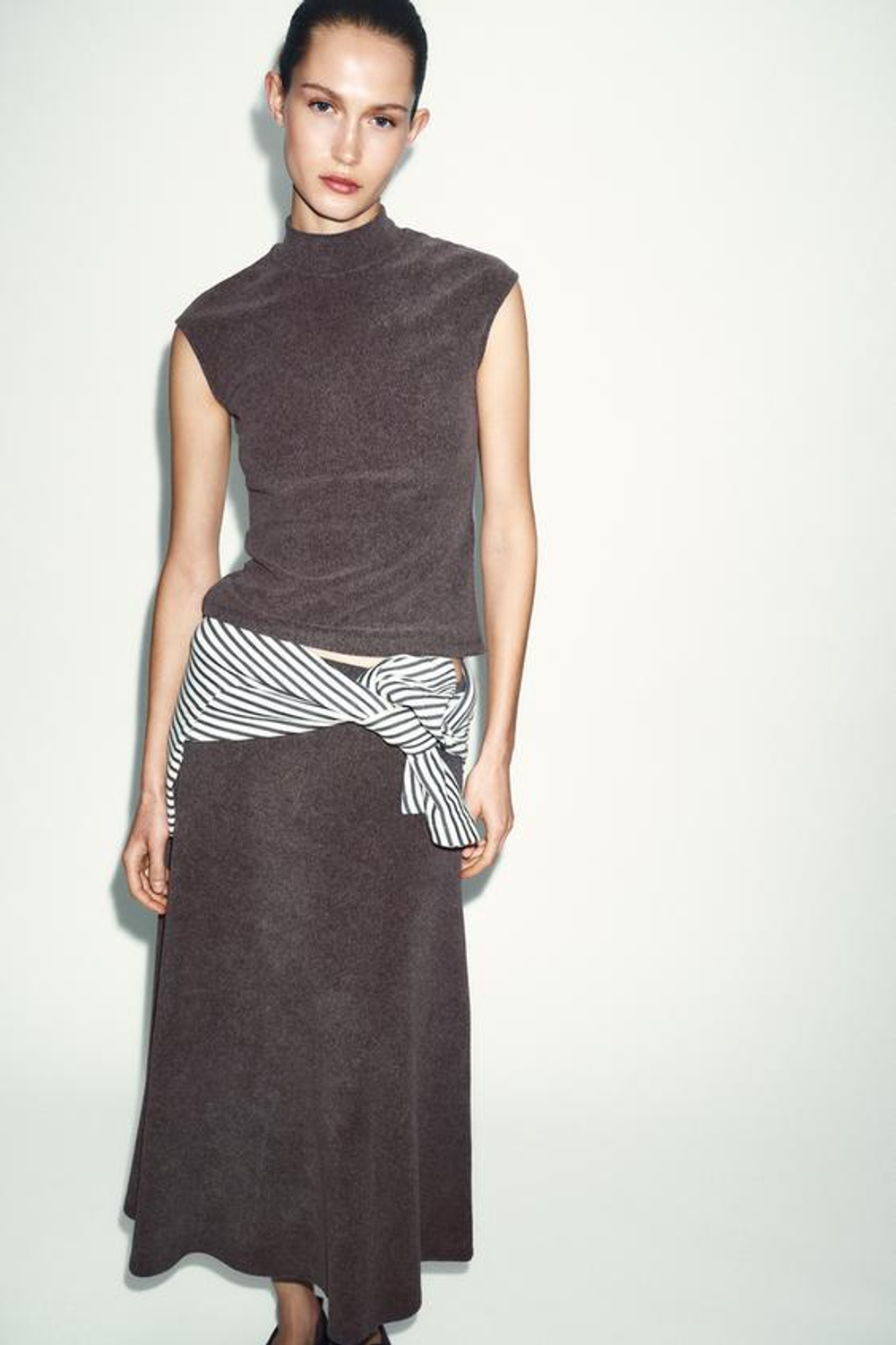 ZARA ЮБКА ИЗ МЯГКОЙ ТКАНИ, КОРИЧНЕВЫЙ МЕЛАНЖ