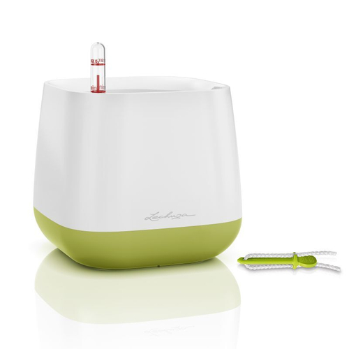 Кашпо Lechuza "Pot Yula Complete white/green semi-gloss" (пластик), 17x17xH15 см