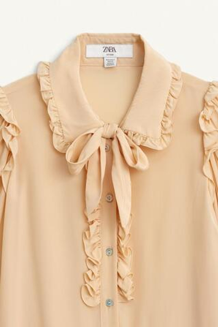ZARA РУБАШКА С КОНТРАСТНЫМ БАНТОМ, ПЕРСИКОВЫЙ