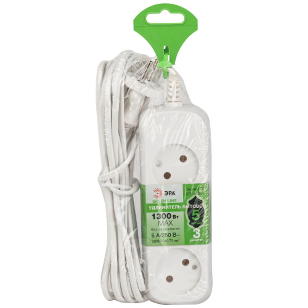 Удлинитель электрический ЭРА UDL-6-350 Greenline 3 розетки без заземления 5м ШВВП 2x0.75мм2 | Бытовые удлинители