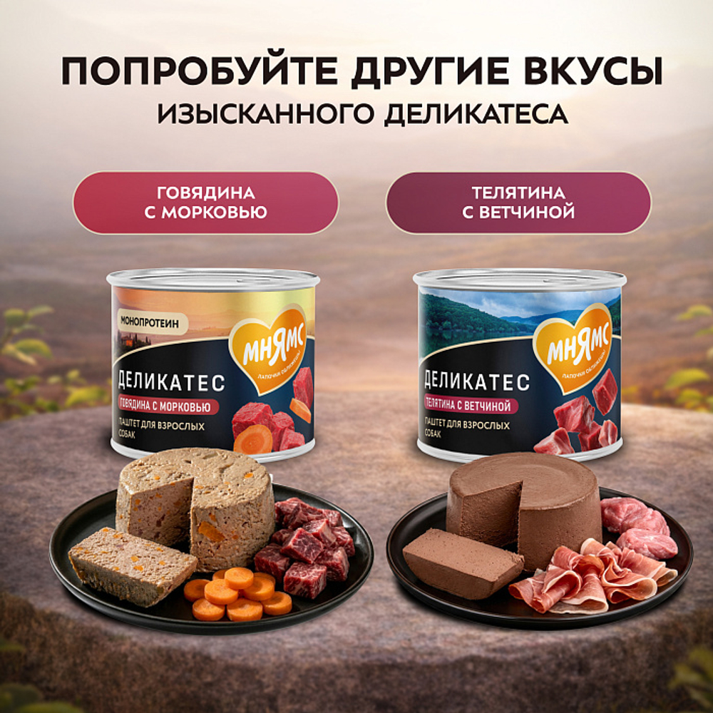 Влажный корм консервы для собак всех пород Деликатес "Клефтико по-афински" паштет из ягненка с морковью Мнямс 0,2кг 12 шт