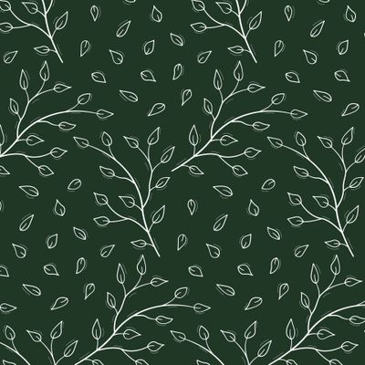 Веточки с листьями, тонкие белые на темно-зеленом фоне.