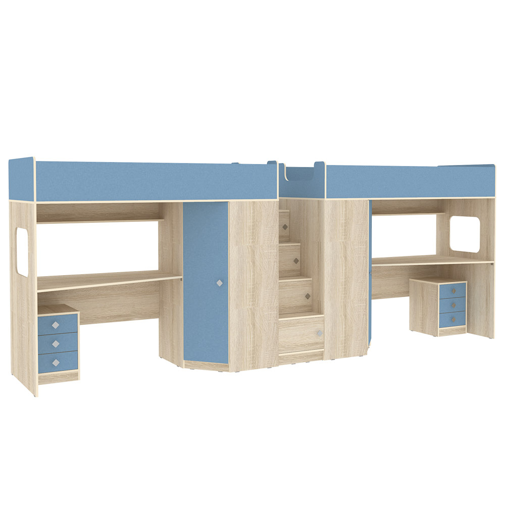 Двухъярусная кровать КарИВи Л-BB604-604 с тумбами 80х190 Дуб Сонома Светло-синий, голубой