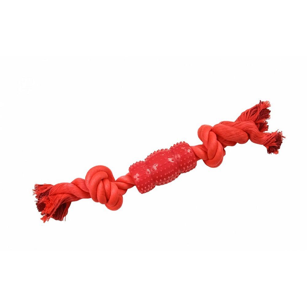 HLTP 325 Верёвочная игрушка с пластиковой костью для домашних животных. Цвет: красный