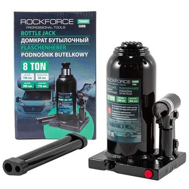 Домкрат бутылочный 8т с клапаном (высота подхвата - 190мм, высота подъема - 360мм, ход штока - 110мм) RockForce##Rock FORCE RF-T90804(Euro)