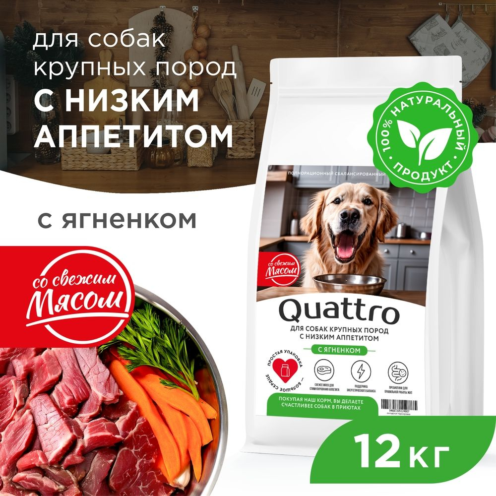 Корм сухой для взрослых собак крупных пород, полнорационный, для собак с низким аппетитом, с ягненком, 12 кг, QUATTRO