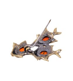 AM-3616 Брошь «Стая рыбок» (латунь, янтарь)