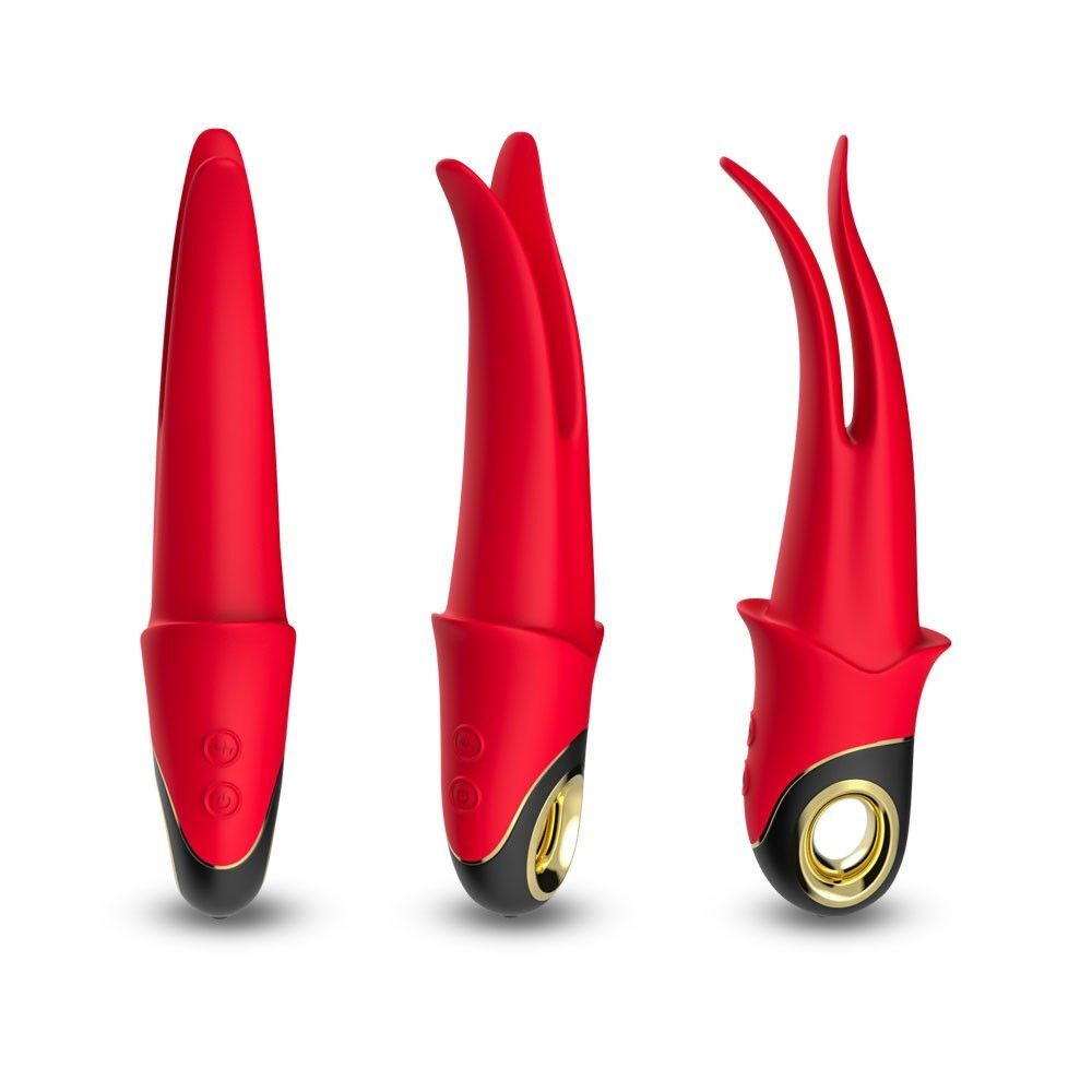 Красный стимулятор эрогенных зон с раздвоенным концом - 23,5 см. (Цвет: красный)