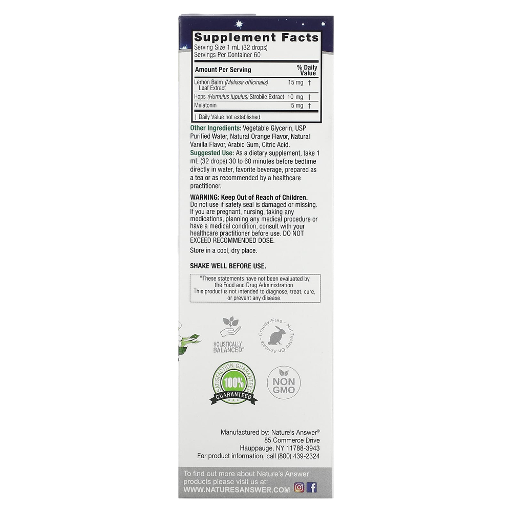 Nature's Answer, Liquid Melatonin +, крем с натуральной ванилью и апельсином, 5 мг, 60 мл (2 жидк. унц.)