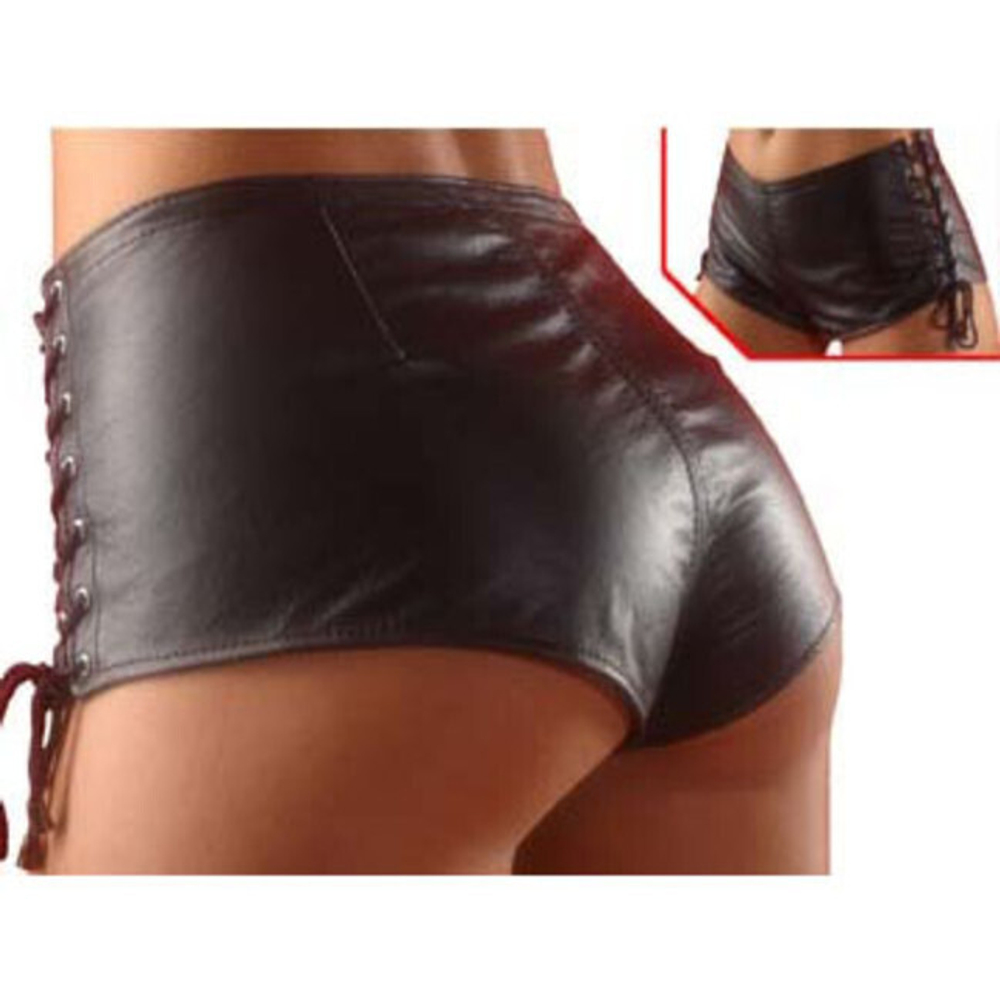 Шорты женские из натуральной кожи со шнуровкой по бокам (Цвет: черный)