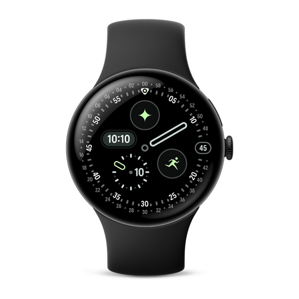 Умные часы Google Pixel Watch 4, 45 мм, Wi-Fi + LTE, ремешок цвета «чёрный обсидиан» Матовый чёрный корпус из переработанного алюминия, ремешок из фторэластомера с покрытием «софт-тач» и застёжкой pin-and-tuck — на запястье обхватом 150–215 мм