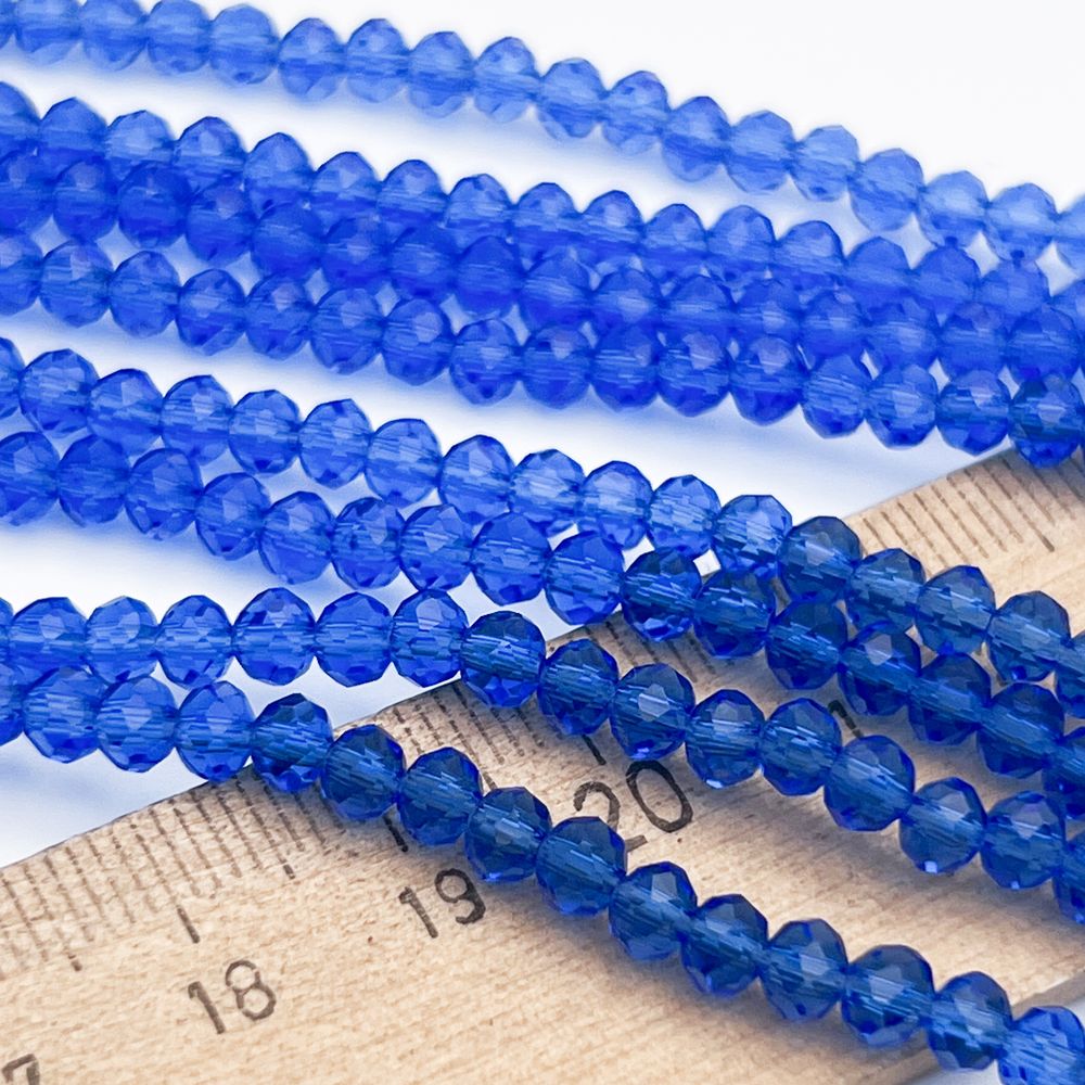 Бусины рондель с огранкой, стекло, цвет синий, размер около 3,8*4,4 мм, цена за нить 106 шт
