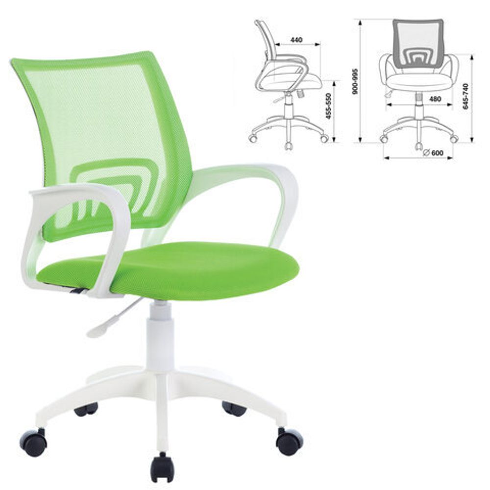 Кресло BRABIX "Fly MG-396W", с подлокотниками, пластик белый, сетка, салатовое, 532403, MG-396W_532403