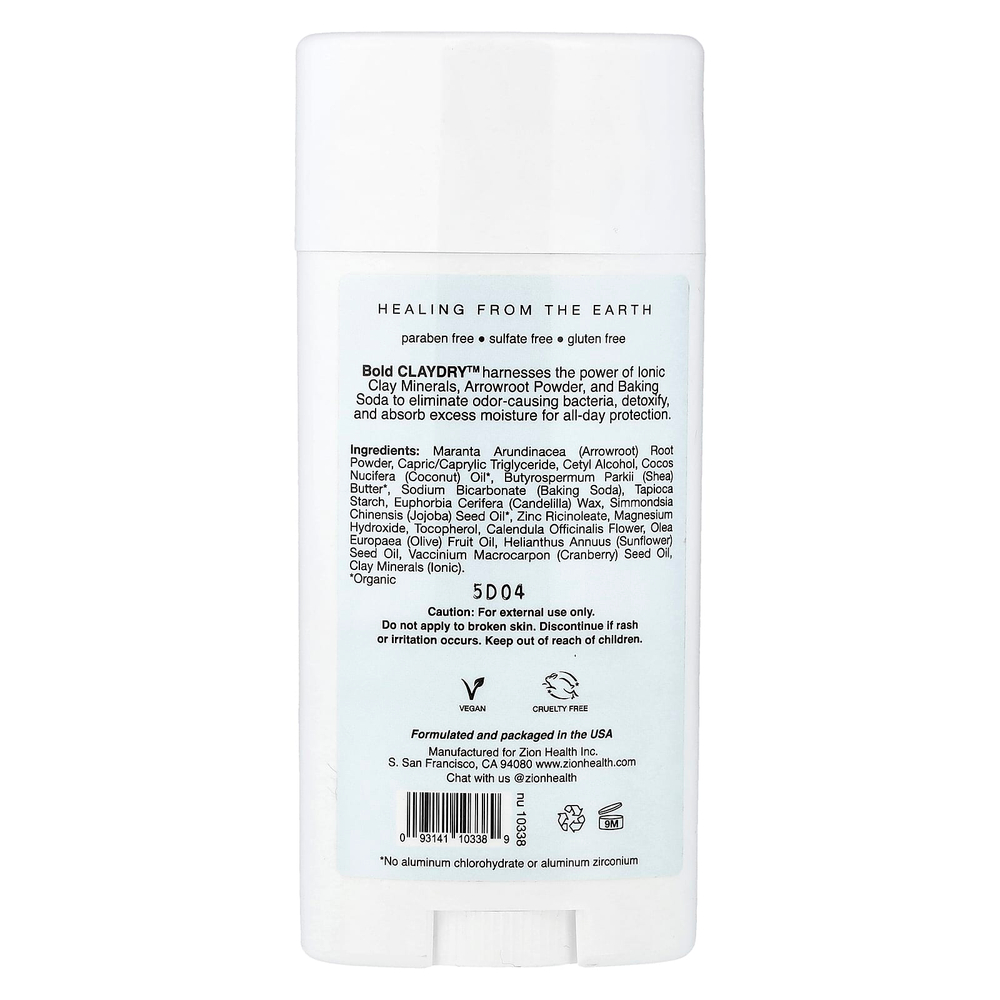 Zion Health, Bold, дезодорант ClayDry, без отдушки, 80 г (2,8 унции)