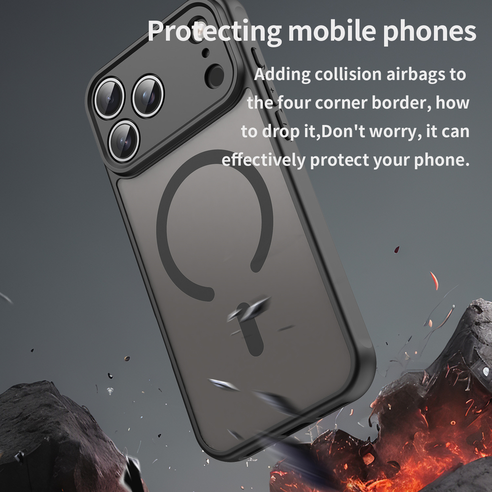 Матовый полупрозрачный чехол с MagSafe для iPhone 17 Pro Max, усиленные боковые рамки черного цвета