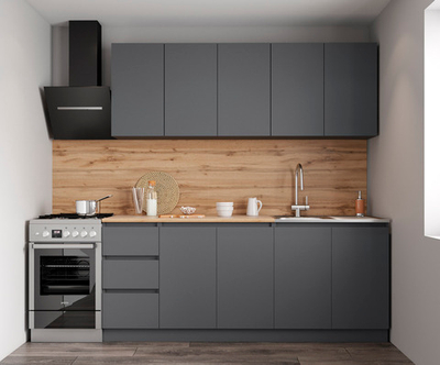 Кухонный гарнитур готовый Мори 2.0м цвет Графит, столешница дуб вотан