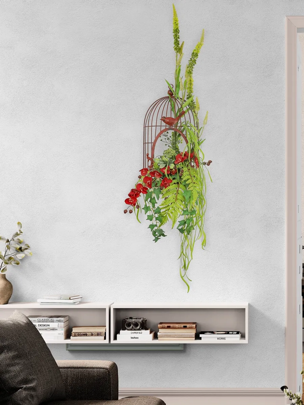 Композиция настенная с цветами в металлической клетке